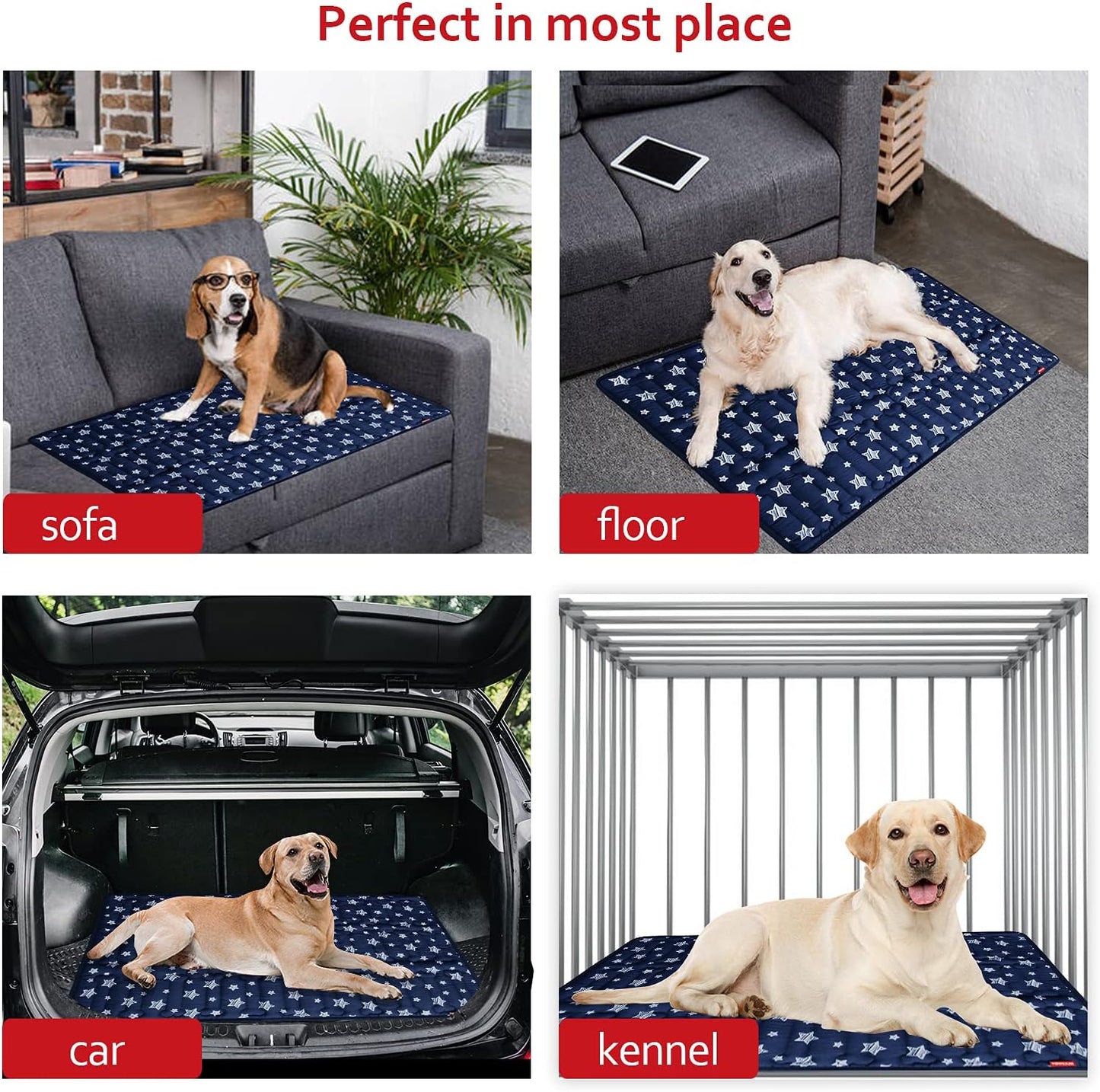 Dog Crate Mat- Soft ,Star Prints, Anti-Slip Bottom, Machine Washable,Navy Star