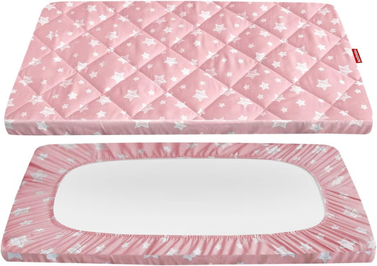 Pack n Play Sheet Quilted | Mini Crib Sheet - Pack and Play Mattress Pad Cover, Ultra-Soft Microfiber, Fits Graco Pack and Play, Pink Star-Moonsea Bedding