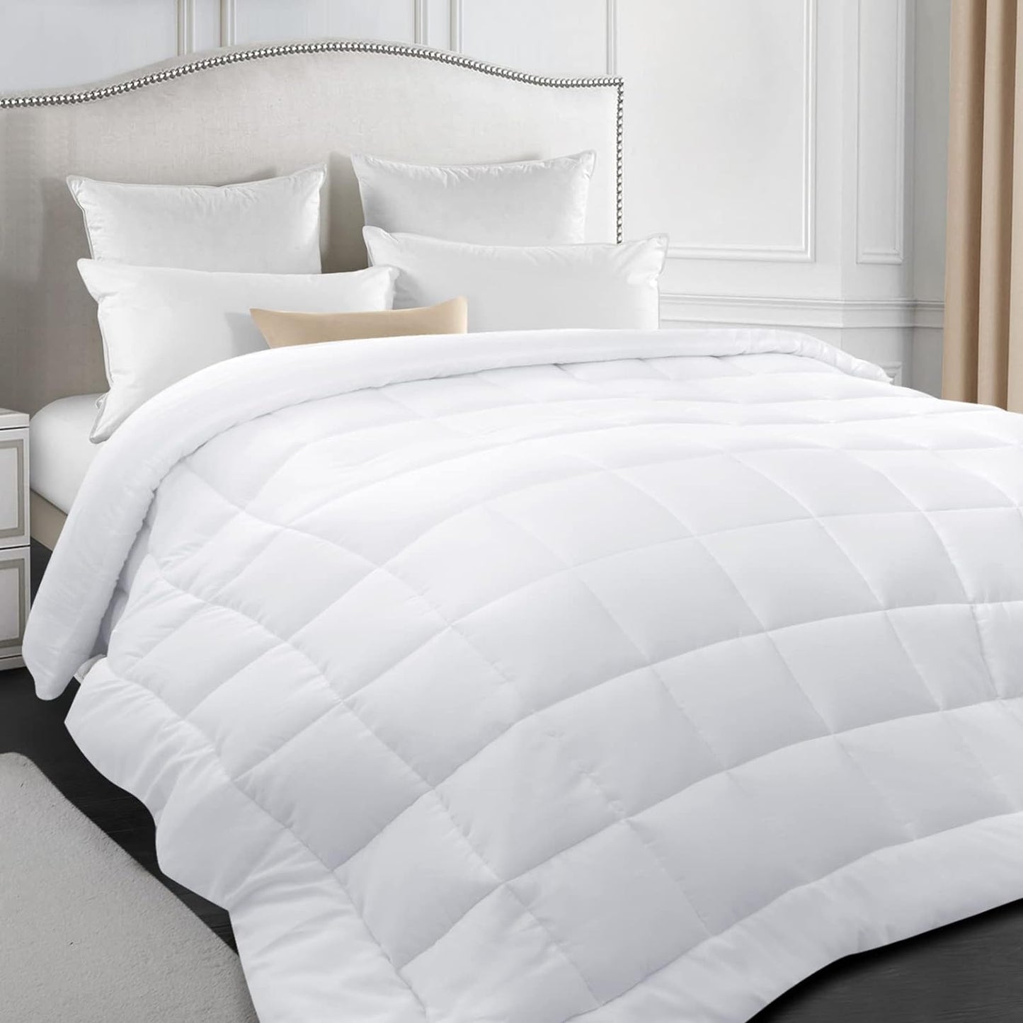 Alternative Comforter, Quilted Comforter with Corner Tab, All Season, Lightweight Medium Warmth, Plush Siliconized Fiber Filling, White