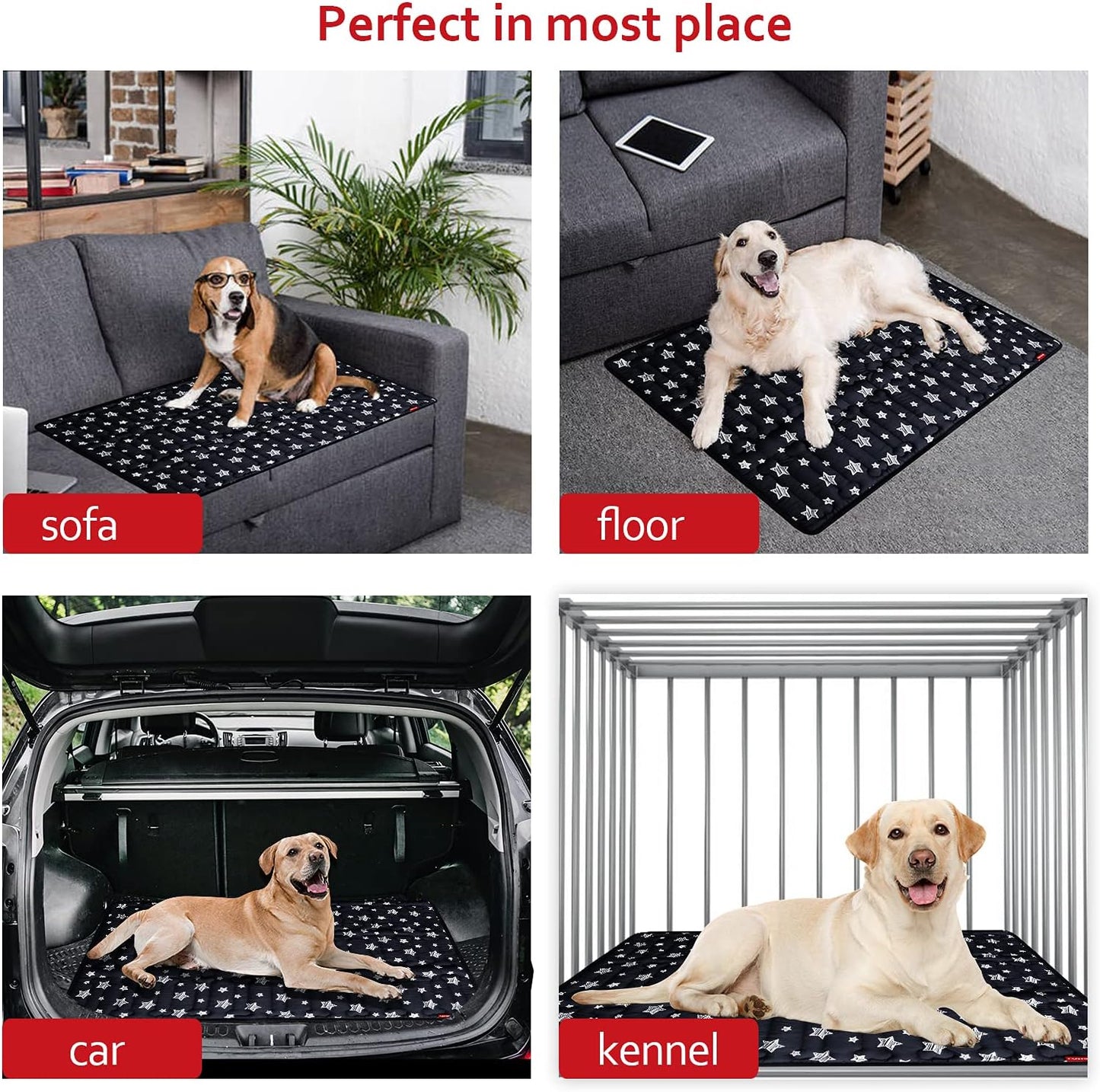 Dog Crate Mat- Soft ,Star Prints, Anti-Slip Bottom, Machine Washable, 2 Pack, Black Star