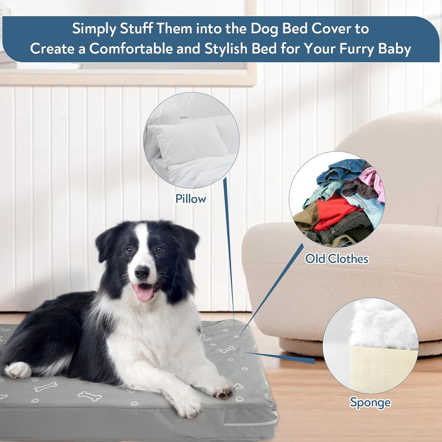 Dog Bed Cover with Zipper,  Replacement Washable, Pet Bed Cover with Anti-Slip Bottom, Bone