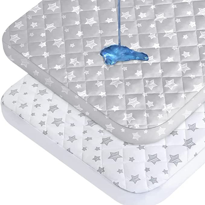 Pack n Play Sheets Quilted Waterproof Protector, 2 Pack Premium Compatible  with Pack n Play Pad Cover 39 X 27 fits for Baby Foldable and Playard  Mattress, Portable Mini Crib, Gray 