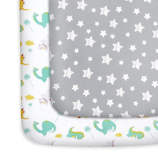 Pack n Play Sheet | Mini Crib Sheet - 2 Pack, Ultra-Soft Microfiber, Fits Graco Pack and Play, Dinosaur & Grey Star-Moonsea Bedding