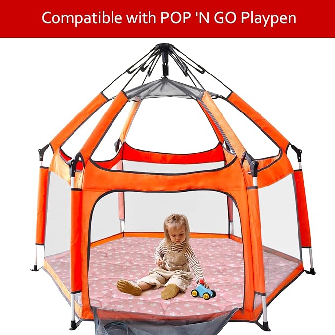Baby Play Mat | Hexagon Playpen Mat - Compatible with POP 'N GO Baby Playpen, Pink Star