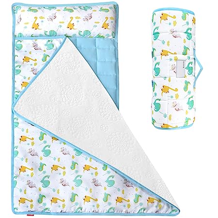 Toddler Nap Mat- Removable Pillow and Fleece Minky Blanket, 21" x 50", Dinosaur