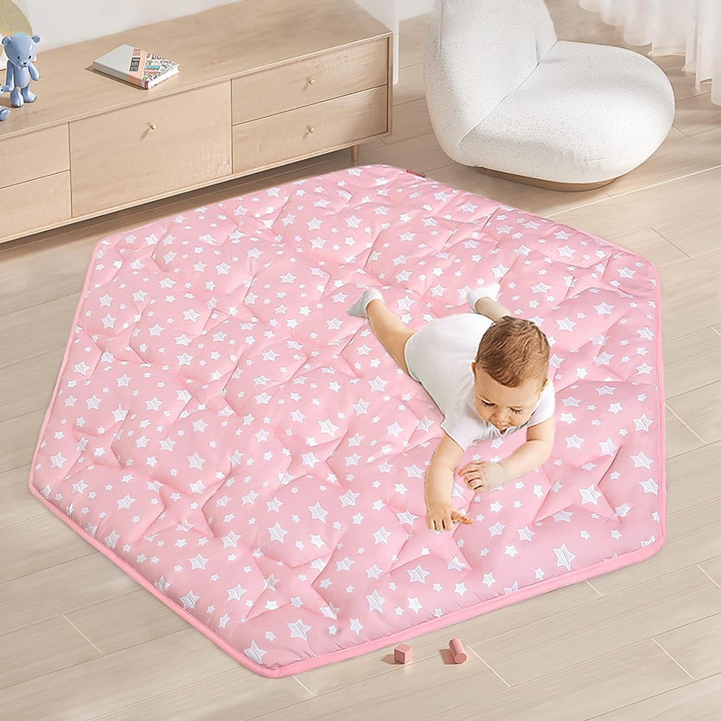 Baby Play Mat | Play Tent Mat - Hexagon 55" x 47", Fitted for Monobeach Princess Tent Large Playhouse Kids Castle Play Tent, Pink Star