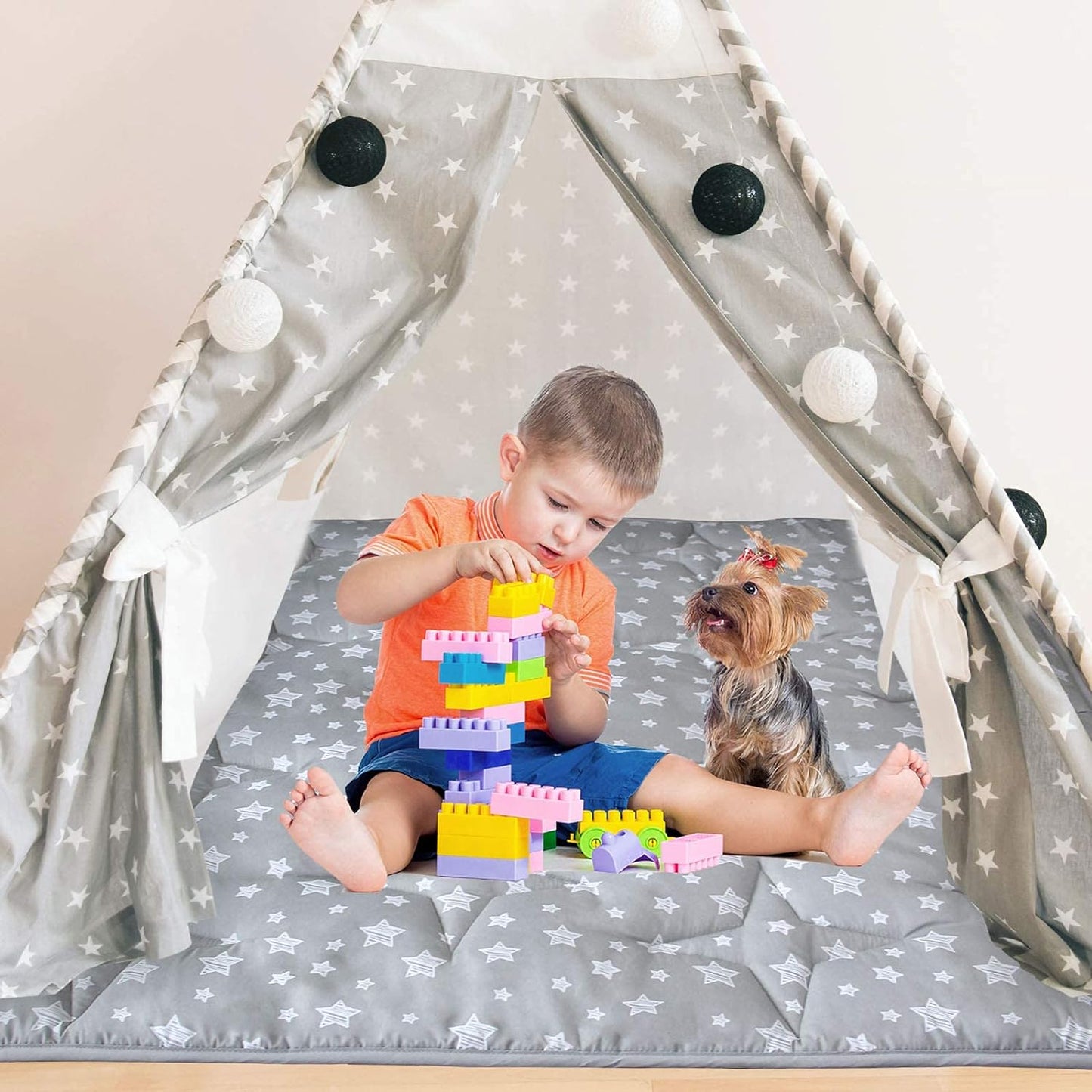 Baby Play Mat | Play Tent Mat - Square Padded and Non-Slip Activity Mat for Kids and Toddlers, Grey Star - Moonsea Bedding