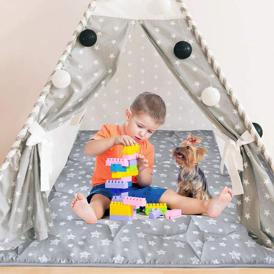 Baby Play Mat | Play Tent Mat - Square Padded and Non-Slip Activity Mat for Kids and Toddlers, Grey Star - Moonsea Bedding
