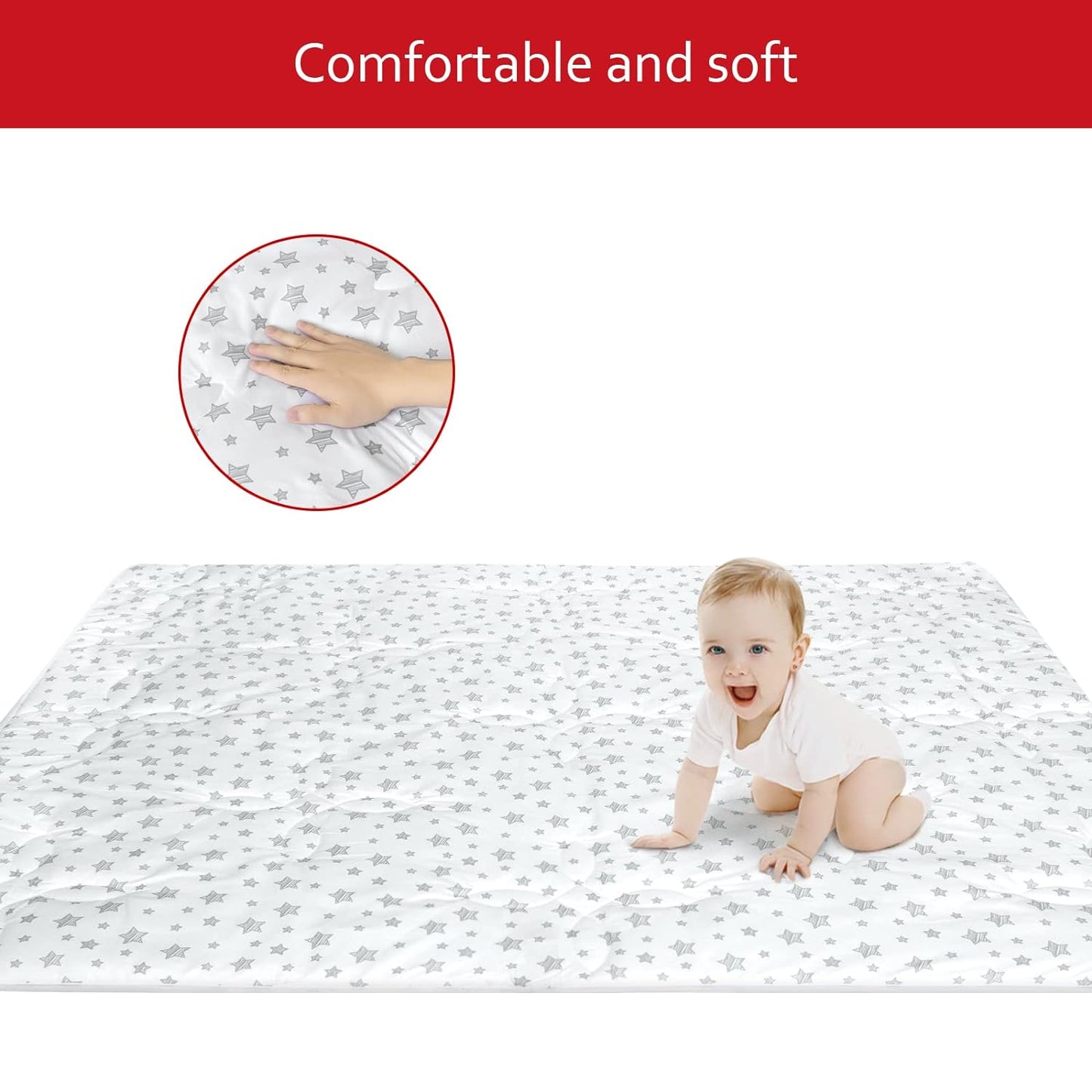 Baby Play Mat | Playpen Mat - 72" x 59", Large Padded Tummy Time Activity Mat for Infant & Toddler, Quilted with Four-Leaf Clover, White Star