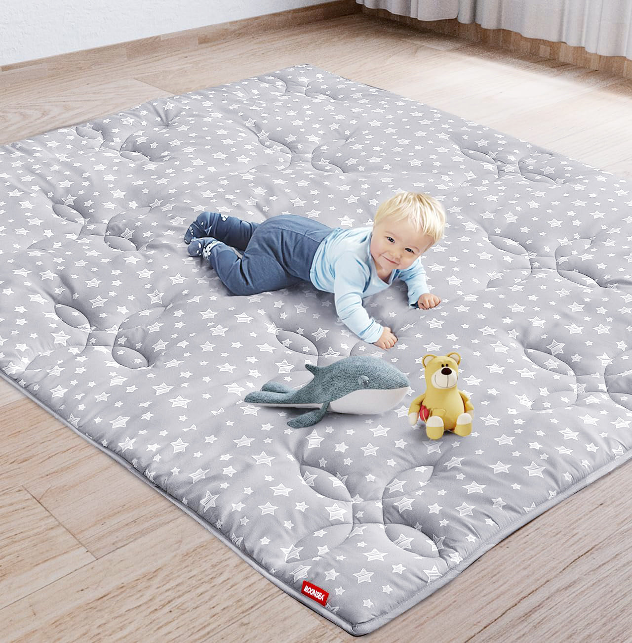 Baby Play Mat | Playpen Mat - 72" x 59", Large Padded Tummy Time Activity Mat for Infant & Toddler, Grey Star - Moonsea Bedding
