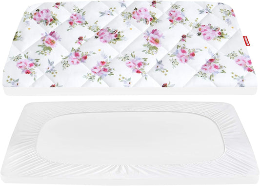 Pack n Play Sheet Quilted | Mini Crib Sheet - Pack and Play Mattress Pad Cover, Ultra-Soft Microfiber, Fits Graco Pack and Play, Floral-Moonsea Bedding