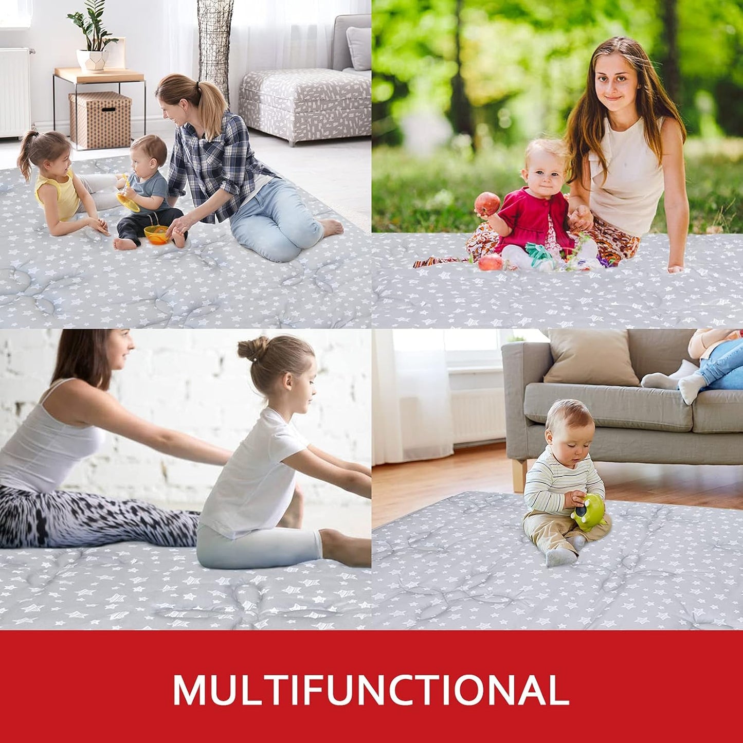 Baby Play Mat | Playpen Mat - 72" x 59", Large Padded Tummy Time Activity Mat for Infant & Toddler, Quilted with Four-Leaf Clover, White Star