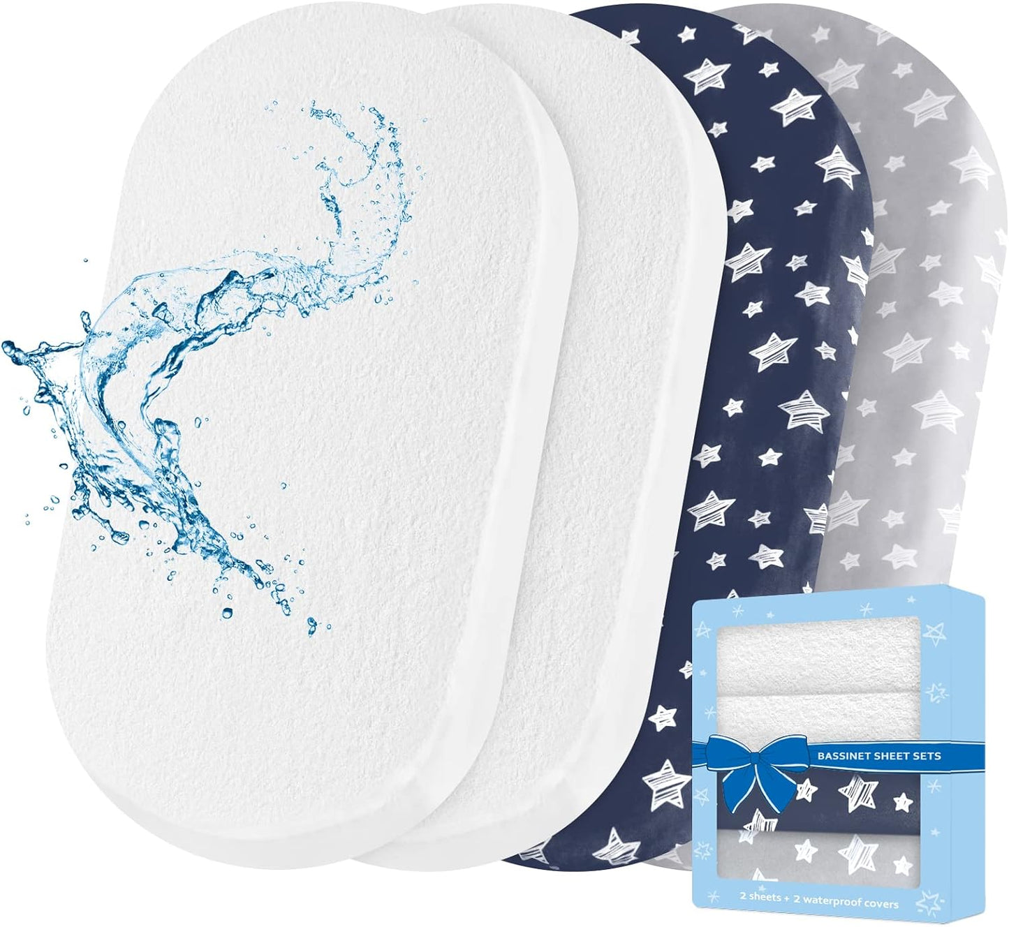 Bassinet Sheets & Waterproof Bassinet Mattress Pad Protector 4 Pack Set, Viscose Made from Bamboo, Universal Fit for Oval, Hourglass and Rectangular Mattress, Grey & White