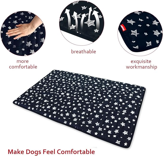 Dog Crate Mat- Soft ,Star Prints, Anti-Slip Bottom, Machine Washable,Black Star