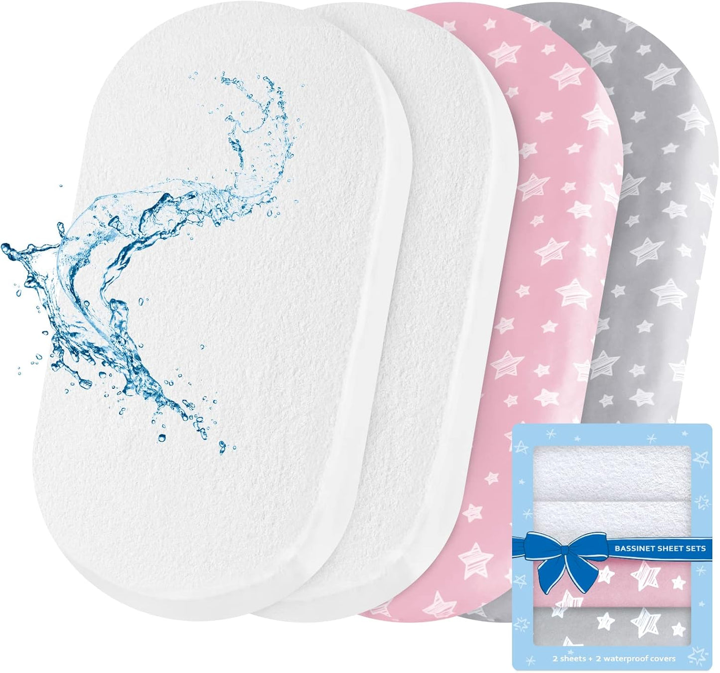 Bassinet Sheets & Waterproof Bassinet Mattress Pad Protector 4 Pack Set, Viscose Made from Bamboo, Universal Fit for Oval, Hourglass and Rectangular Mattress, Grey & White