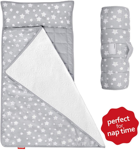 Toddler Nap Mat- Pillow And Fleece Minky Blanket, 21''x50'', Grey Star