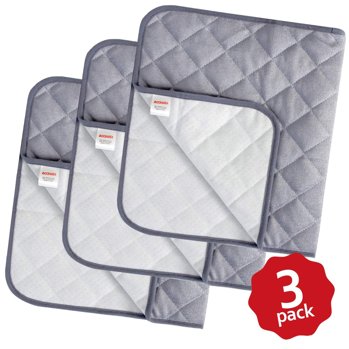 Changing Pad Liners- 3 Pack Grey, Bamboo Terry, Non-Slip Back, Waterproof, Reusable