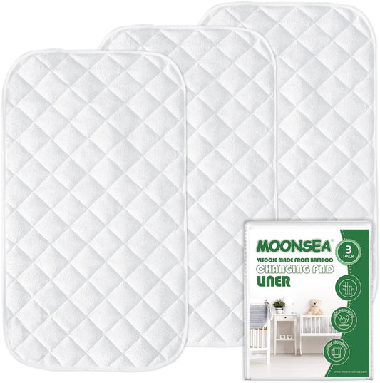 Changing Pad Liners- 3 Pack, Bamboo Terry, Non-Slip Back, Waterproof, White-Moonsea Bedding