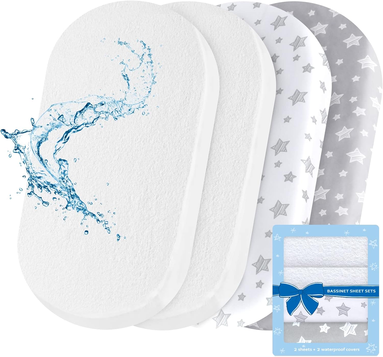 Bassinet Sheets & Waterproof Bassinet Mattress Pad Protector 4 Pack Set, Viscose Made from Bamboo, Universal Fit for Oval, Hourglass and Rectangular Mattress, Grey & White-Moonsea Bedding