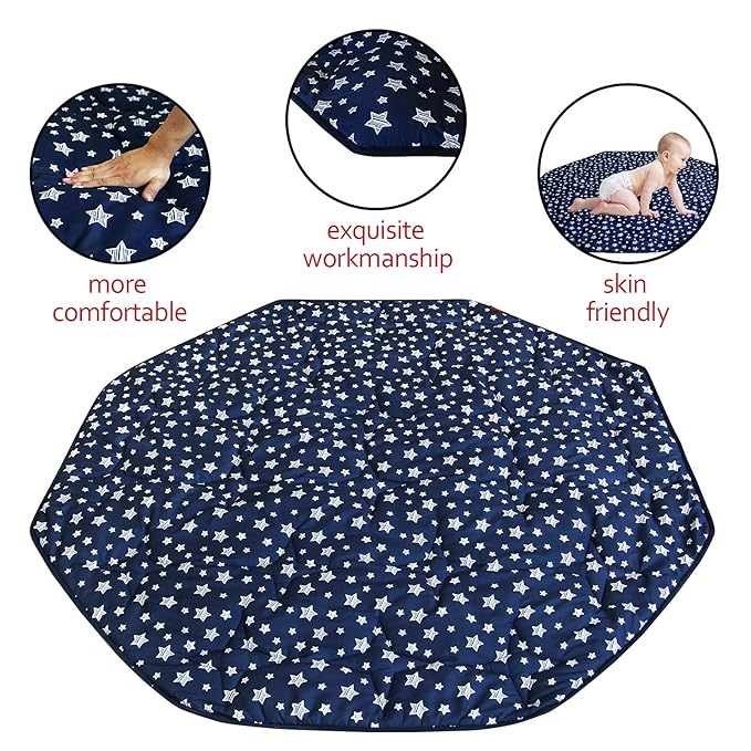 Baby Play Mat | Octagon Playpen Mat - 61" x 61", Padded and Non-Slip Activity Mat for Infant & Toddler, Navy Star