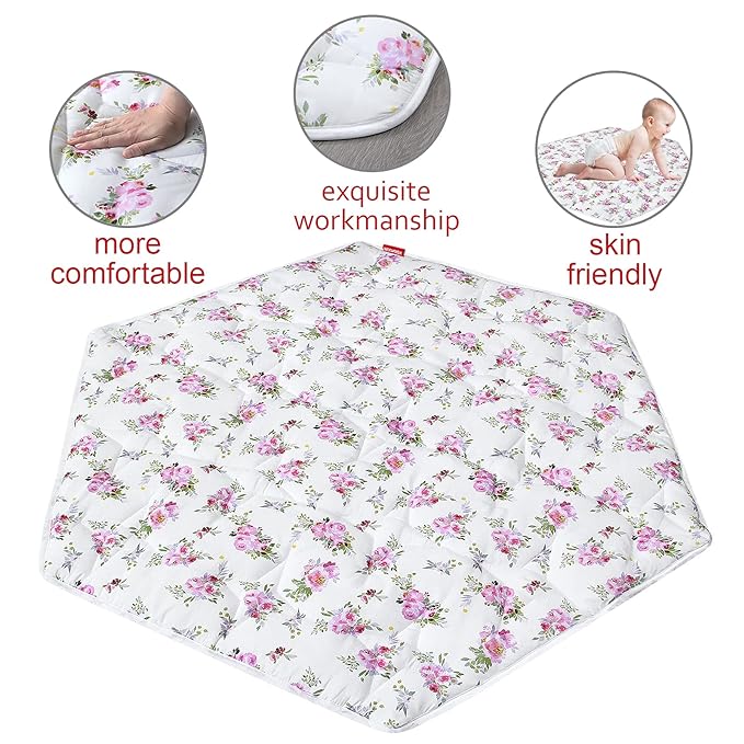 Baby Play Mat | Hexagon Playpen Mat - 52" x 45", Padded and Non-Slip Activity Mat for Infant & Toddler, Floral