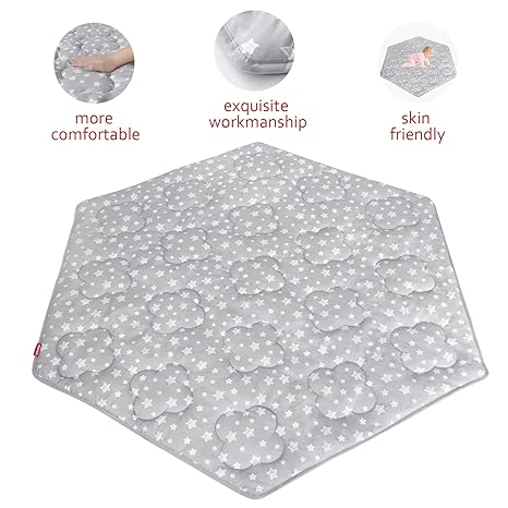 Baby Play Mat | Hexagon Playpen Mat - 33 Inch Each Side, Compatible with Evenflo Versatile Play Space, Qulited with Four Leaf Clover, Grey Star