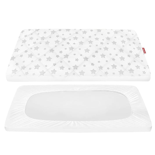Pack n Play Sheet Quilted | Mini Crib Sheet - Pack and Play Mattress Pad Cover, Ultra-Soft Microfiber, Fits Graco Pack and Play, White Star-Moonsea Bedding