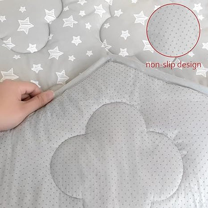 Baby Play Mat | Hexagon Playpen Mat - 33 Inch Each Side, Compatible with Evenflo Versatile Play Space, Qulited with Four Leaf Clover, Grey Star