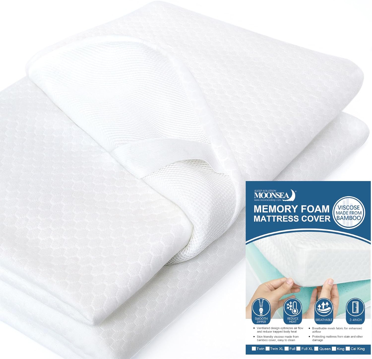 Cover For Mattress Topper 3-4 Inch Memory Foam Cover with Zipper, Viscose Made from Bamboo and 3D Mesh Backing Mattress Topper Removable Cover with Straps-Moonsea Bedding