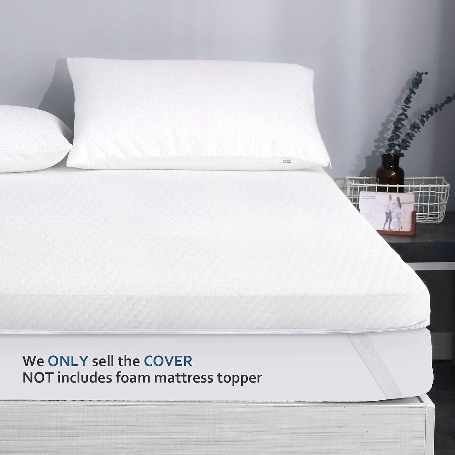 Cover For Mattress Topper  3-4 Inch Memory Foam Cover with Zipper, Viscose Made from Bamboo and 3D Mesh Backing Mattress Topper Removable Cover with Straps