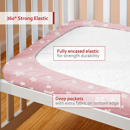 Pack n Play Sheet Quilted | Mini Crib Sheet - Pack and Play Mattress Pad Cover, Ultra-Soft Microfiber, Fits Graco Pack and Play, Pink Star
