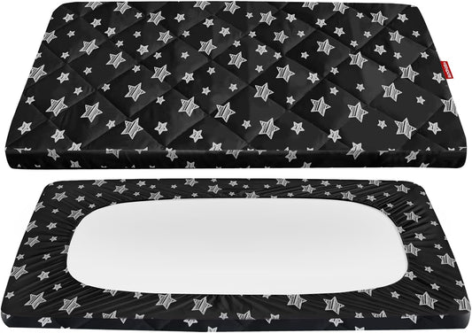 Pack n Play Sheet Quilted | Mini Crib Sheet - Pack and Play Mattress Pad Cover, Ultra-Soft Microfiber, Fits Graco Pack and Play, Black Star-Moonsea Bedding