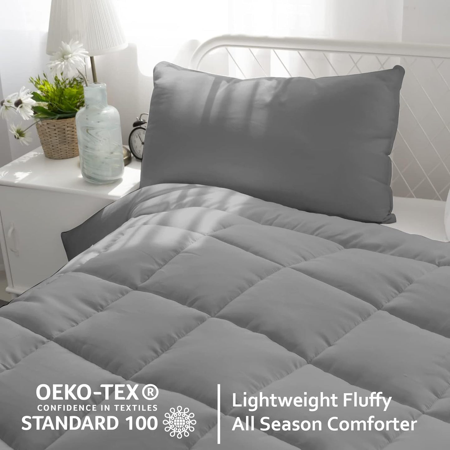 Alternative Comforter, Quilted Comforter with Corner Tab, All Season, Lightweight Medium Warmth, Plush Siliconized Fiber Filling, Grey