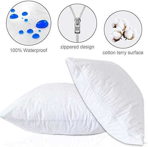 Waterproof Cotton Terry Pillow Protectors with Zipper, 4 Pack,White