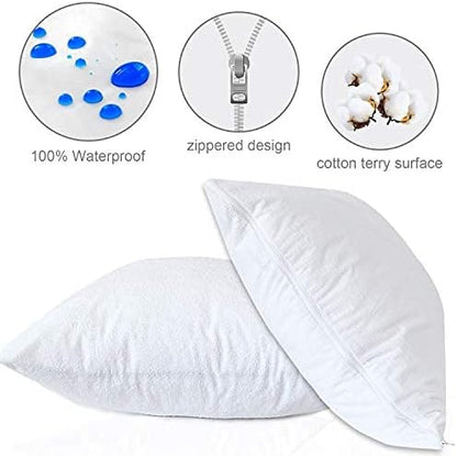 Waterproof Cotton Terry Pillow Protectors with Zipper, 4 Pack,White