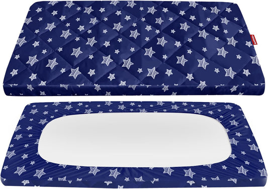 Pack n Play Sheet Quilted | Mini Crib Sheet - Pack and Play Mattress Pad Cover, Ultra-Soft Microfiber, Fits Graco Pack and Play, Navy Star-Moonsea Bedding