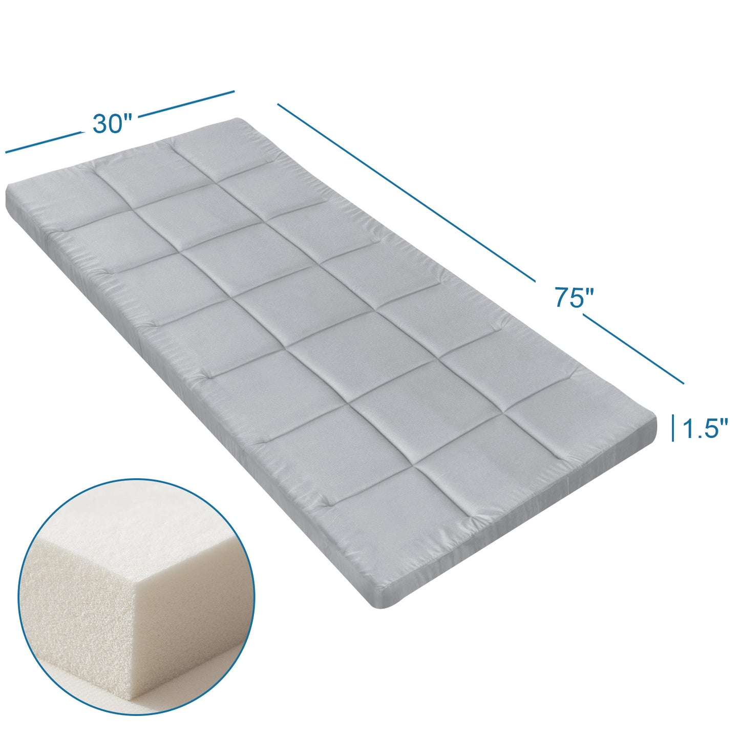 Camping Cot Mattress Pad, 75" x 30" Quilted Cot Topper with Corner Straps, Soft Roll-Up Sleeping Mat for RV Bunk, Guest Bed & Floor