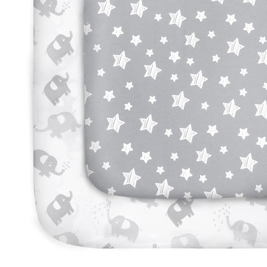 Pack n Play Sheet | Mini Crib Sheet - 2 Pack, Ultra-Soft Microfiber, Fits Graco Pack and Play, Stars & Elephant-Moonsea Bedding