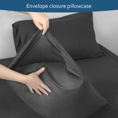 Sheet Set Deep Pocket - 4 Piece Extra Soft Bed Sheets - Side Storage Pocket Fitted Sheet & Pillowcase & Flat Sheet, Black