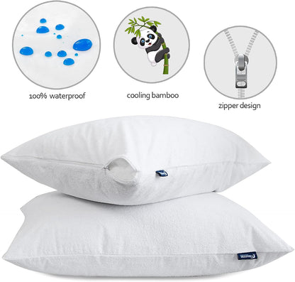Waterproof Pillow Protectors with Zipper, 4 Pack, Viscose Made from Bamboo Terry, Soft Noiseless & Breathable