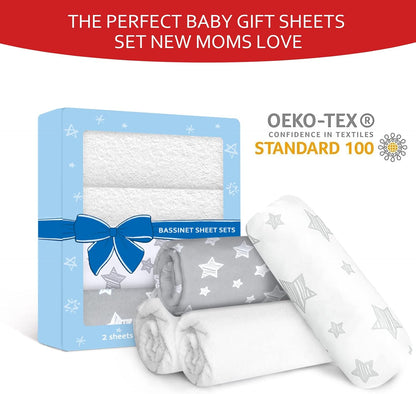 Bassinet Sheets & Waterproof Bassinet Mattress Pad Protector 4 Pack Set, Viscose Made from Bamboo, Universal Fit for Oval, Hourglass and Rectangular Mattress, Grey & White