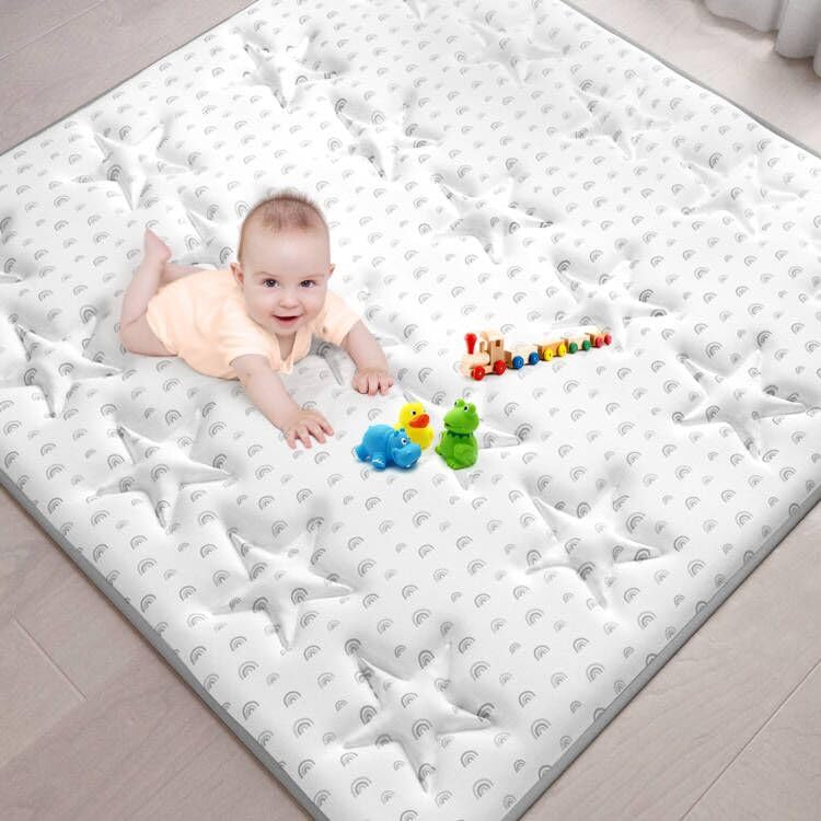 Baby Play Mat | Playpen Mat - 72" x 59", Large Padded Tummy Time Activity Mat for Infant & Toddler, White Rainbow - Moonsea Bedding