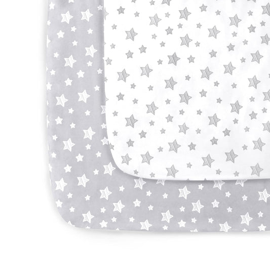 Pack n Play Sheet | Mini Crib Sheet - 2 Pack, Ultra-Soft Microfiber, Fits Graco Pack and Play, Grey Stars& White Stars-Moonsea Bedding