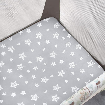 Pack n Play Sheet | Mini Crib Sheet - 2 Pack, Ultra-Soft Microfiber, Fits Graco Pack and Play, Grey Stars& White Stars