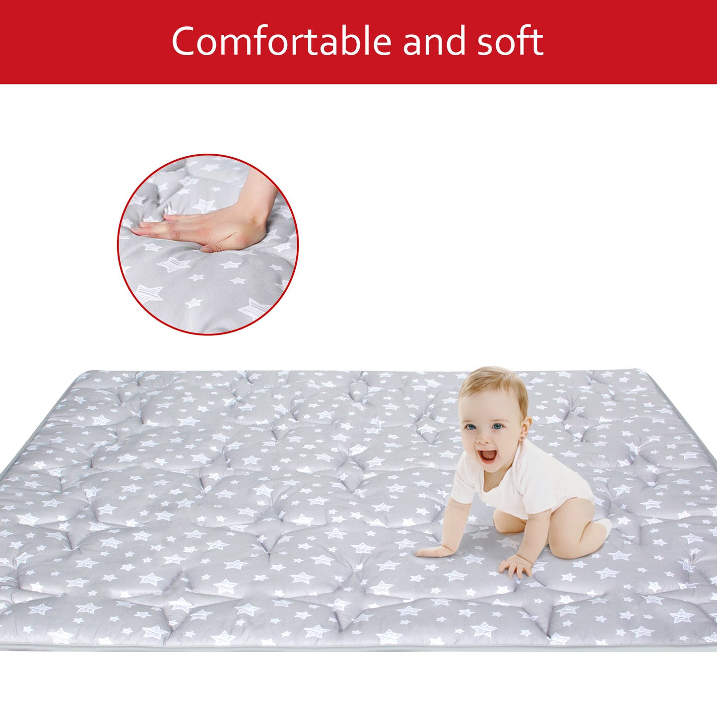 Baby Play Mat | Playpen Mat - Square 59" x 59", Large Padded Tummy Time Activity Mat for Infant & Toddler, Grey Star