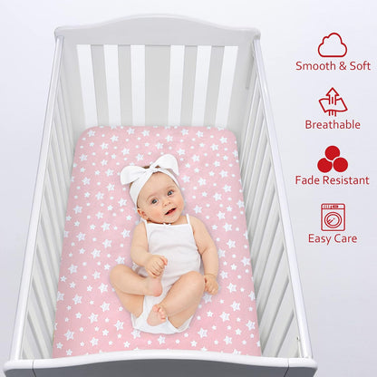 Pack n Play Sheet | Mini Crib Sheet - Ultra-Soft Microfiber, Fits Graco Pack and Play, Pink Star