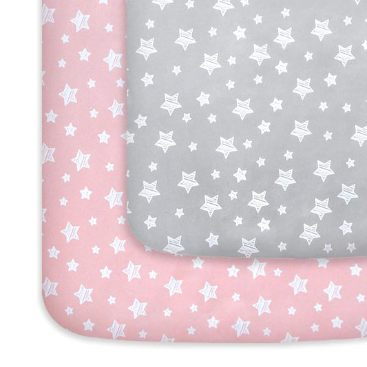Pack n Play Sheet | Mini Crib Sheet - 2 Pack, Ultra-Soft Microfiber, Fits Graco Pack and Play, Grey Stars& Pink Stars-Moonsea Bedding