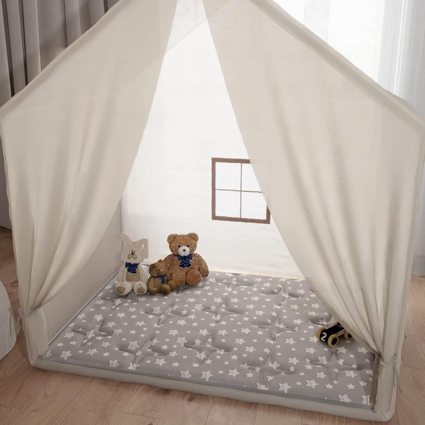 Baby Play Mat | Play Tent Mat - 53'' x 36'', Padded and Non-Slip Activity Mat for Kids and Toddlers, Grey Stars - Moonsea Bedding