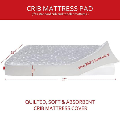 Crib Mattress Pad Protector, Waterproof, 52'' x 28'', Microfiber, Grey Star