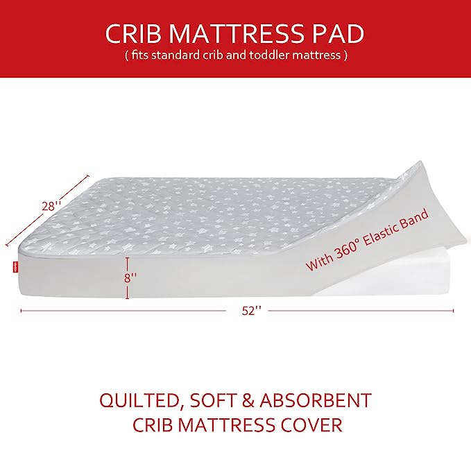 Crib Mattress Pad Protector, Waterproof, 52'' x 28'', Microfiber, Grey Star